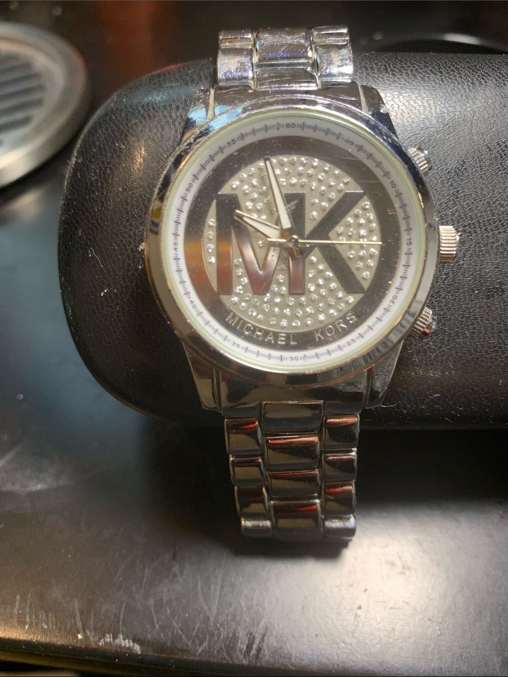 Michael Kors Silver Tone MK Logo Crystal Dial Bracelet Watch